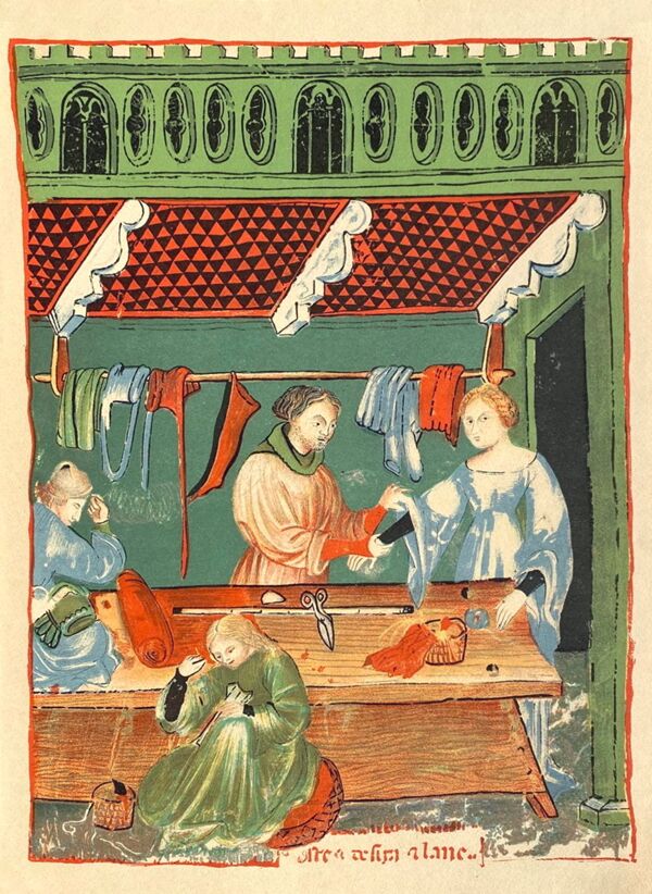 Lithographie vintage le magasin de vêtement au moyen age