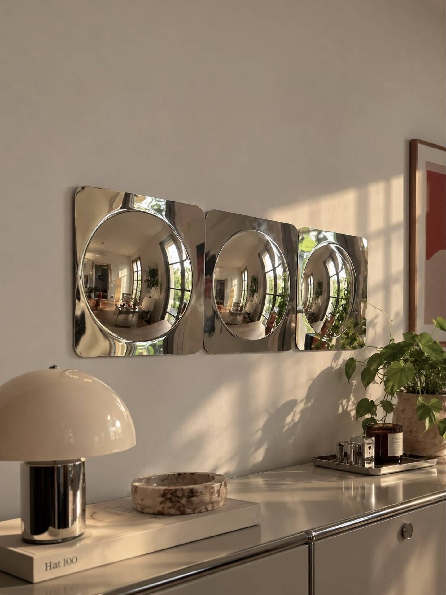 Lot de 3 miroirs convexes carrés chromés – design Space Age