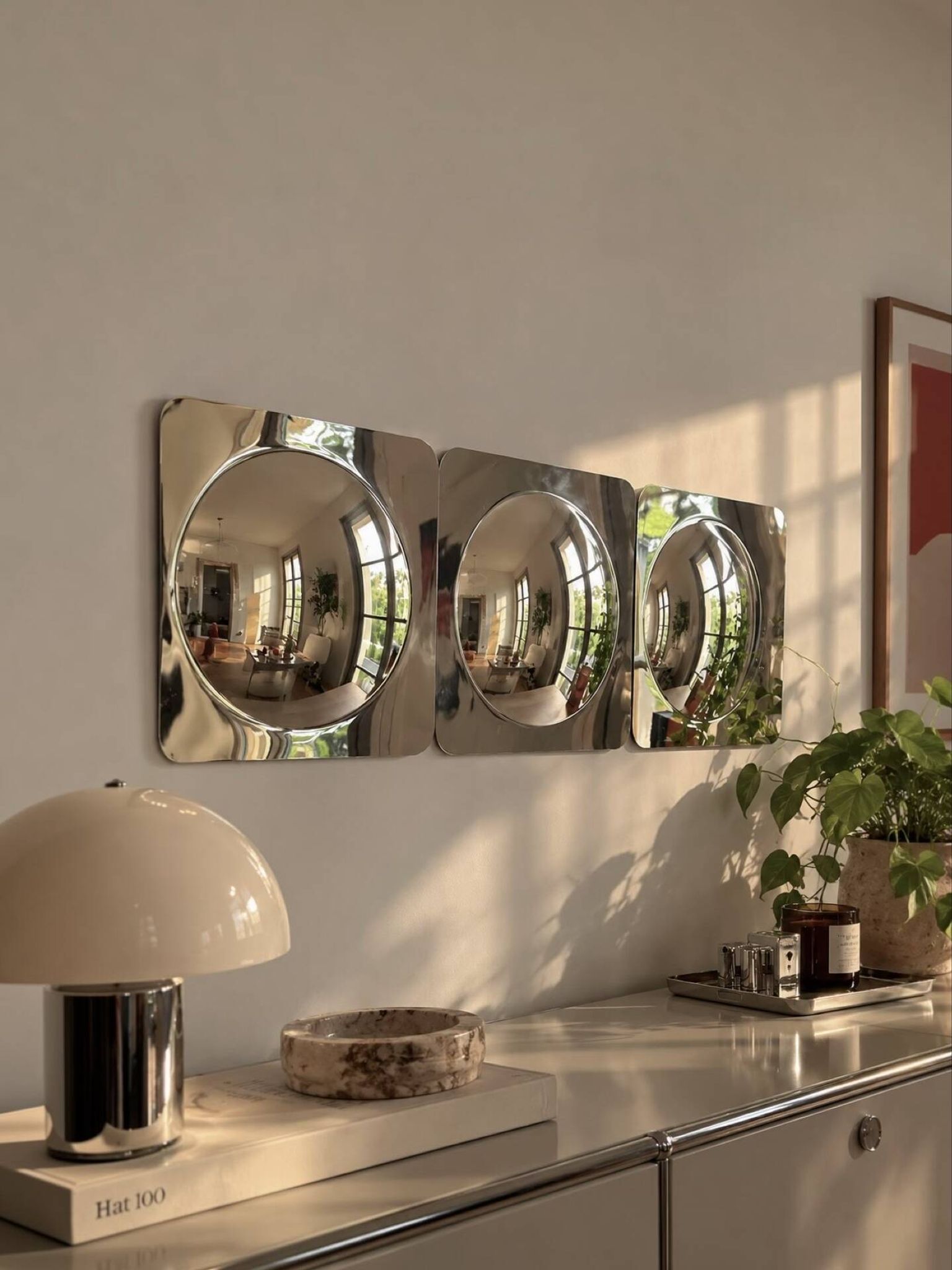 Lot de 3 miroirs convexes carrés chromés – design Space Age