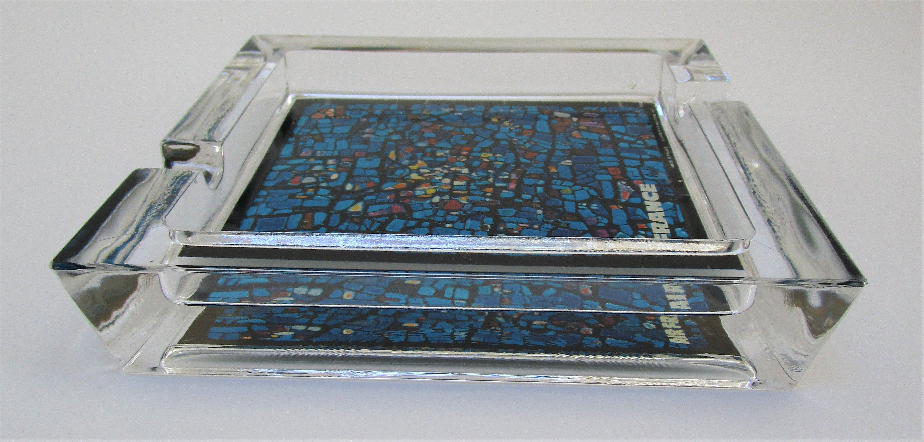 Ashtray thick glass blue decoration Air France 70s
