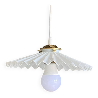 Vintage pleated white opaline glass pendant light.