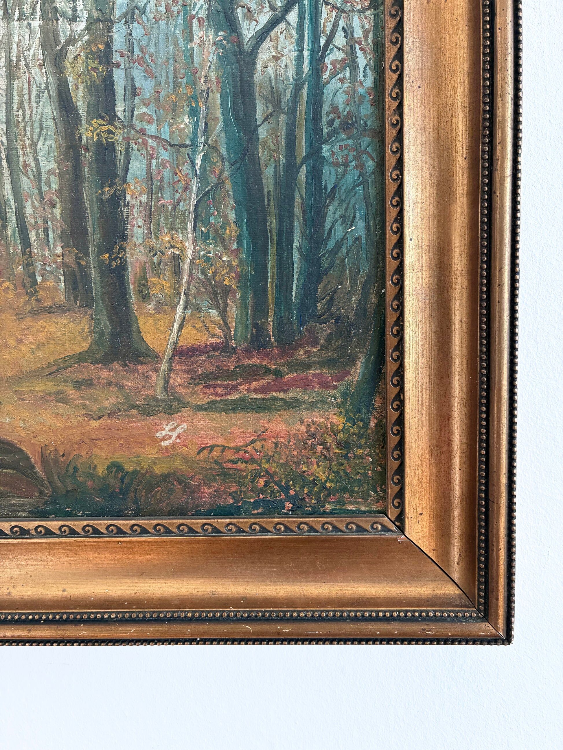 Antique original forest landscape oil painting c. 1910