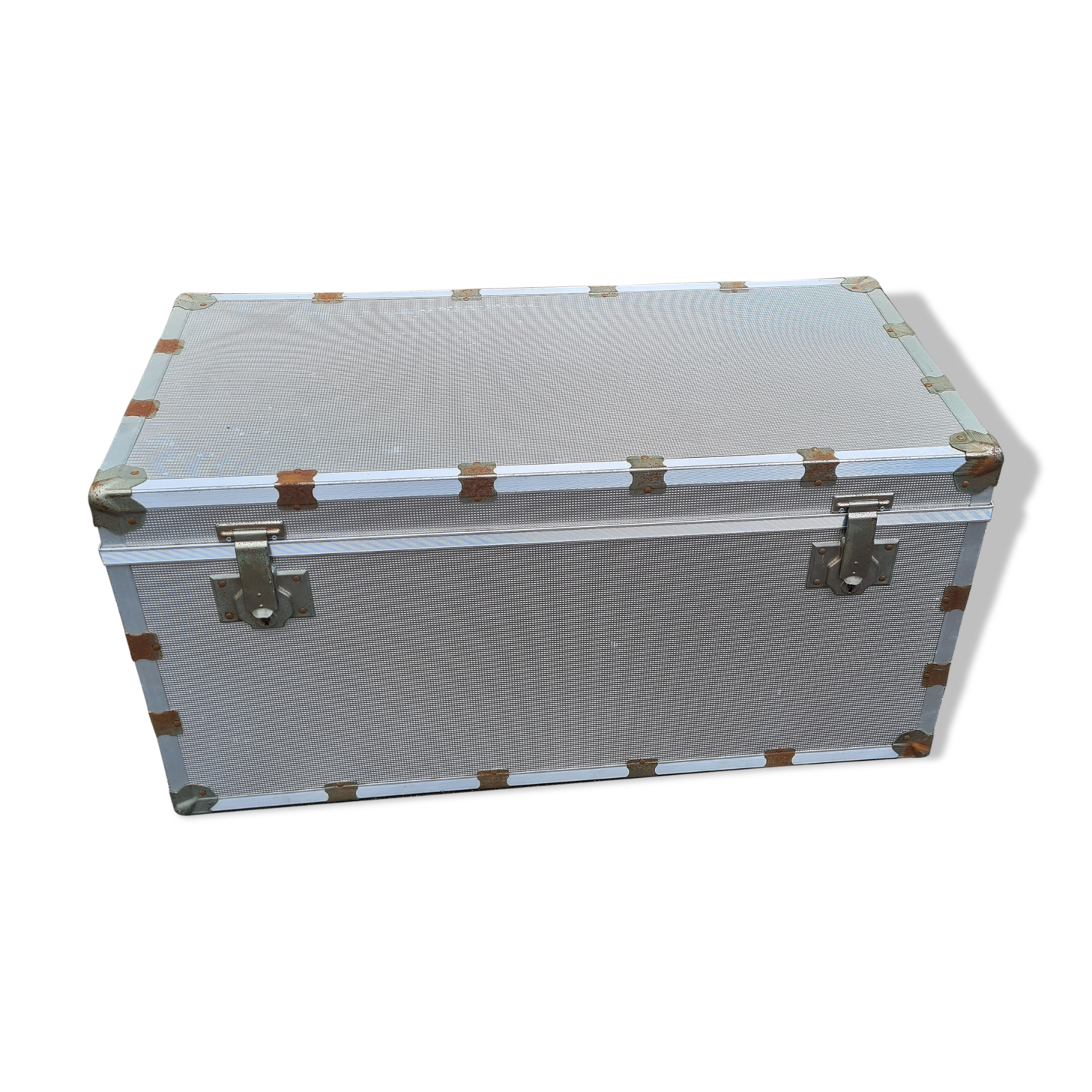 Old metal aluminum trunk / mail trunk / industrial / interior fabric