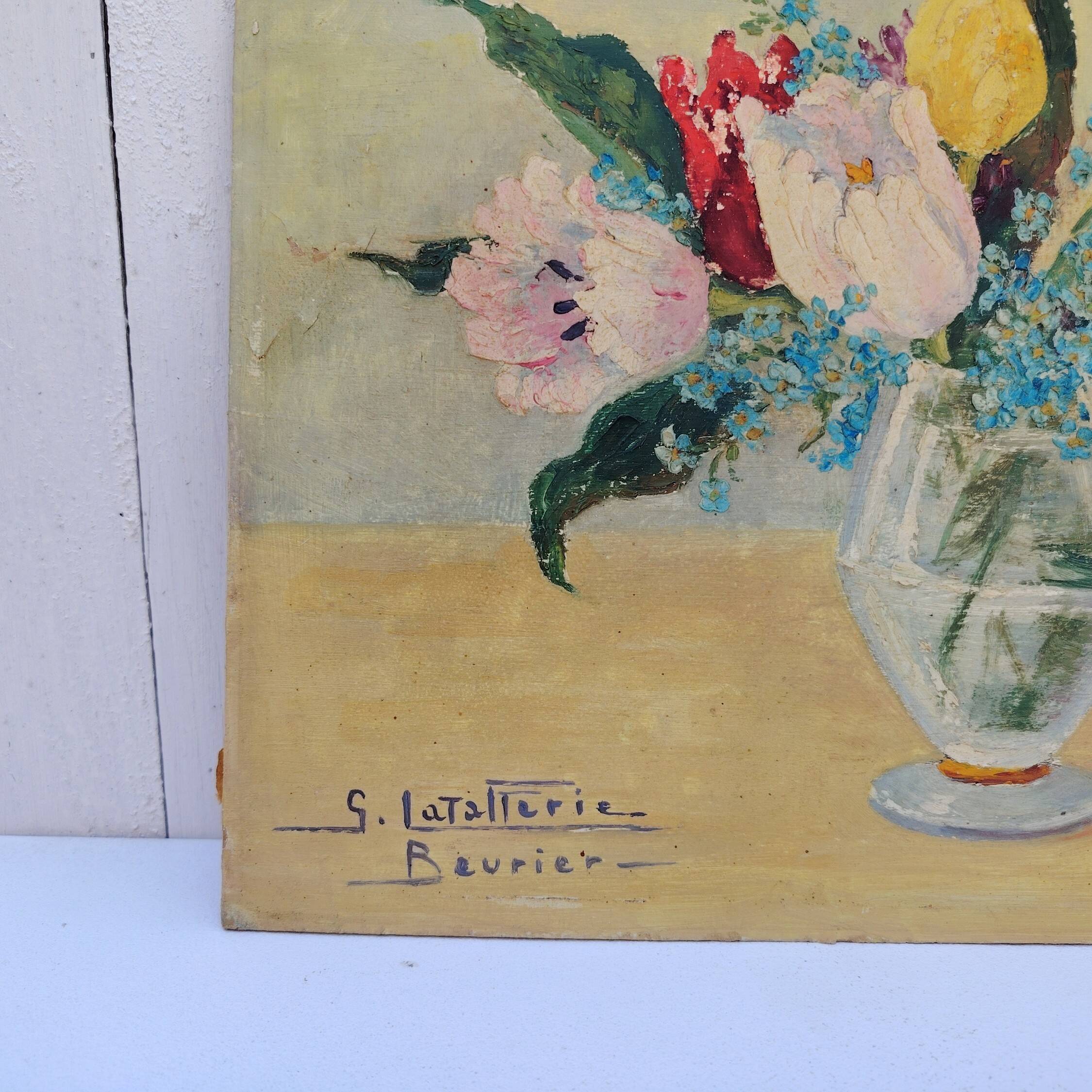 Oil on cardboard Tulips and Forget-me-nots Latallerie-beurier