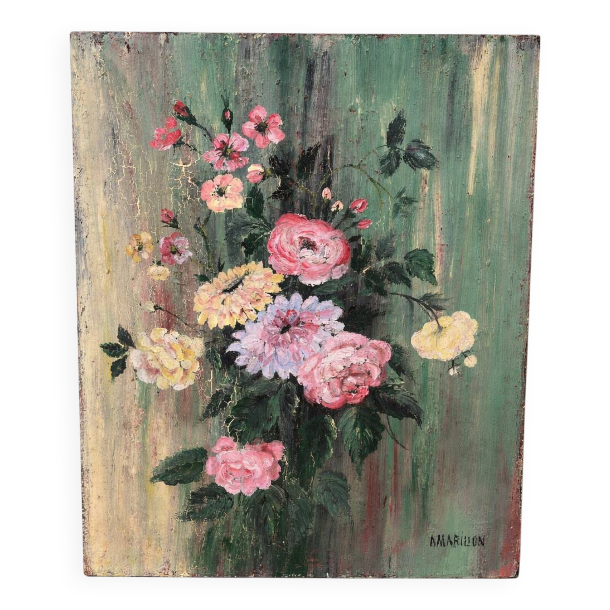 Antique painting – Bouquet of flowers on a patinated green background – signed
