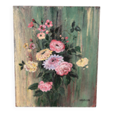 Antique painting – Bouquet of flowers on a patinated green background – signed