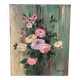Tableau ancien – Bouquet de fleurs sur fond vert patiné – signé