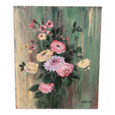 Tableau ancien – Bouquet de fleurs sur fond vert patiné – signé