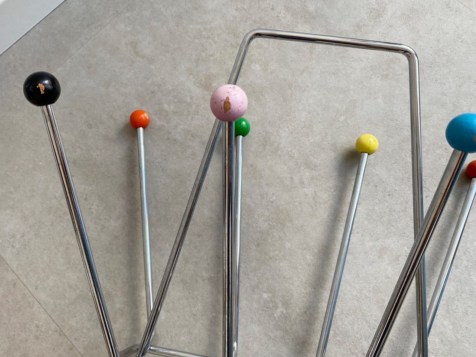 Colourful vintage chrome wire metal magazine rack, Mid Century atomic sputnik magazine stand