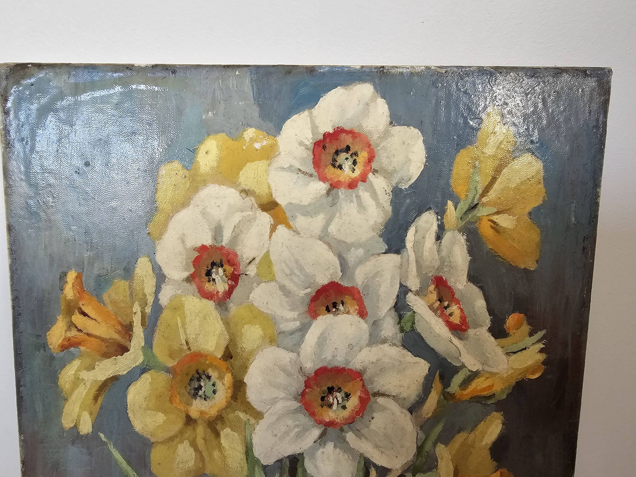 Table Oil on canvas The bouquet of Daffodils (Flowers) signed L Geral
