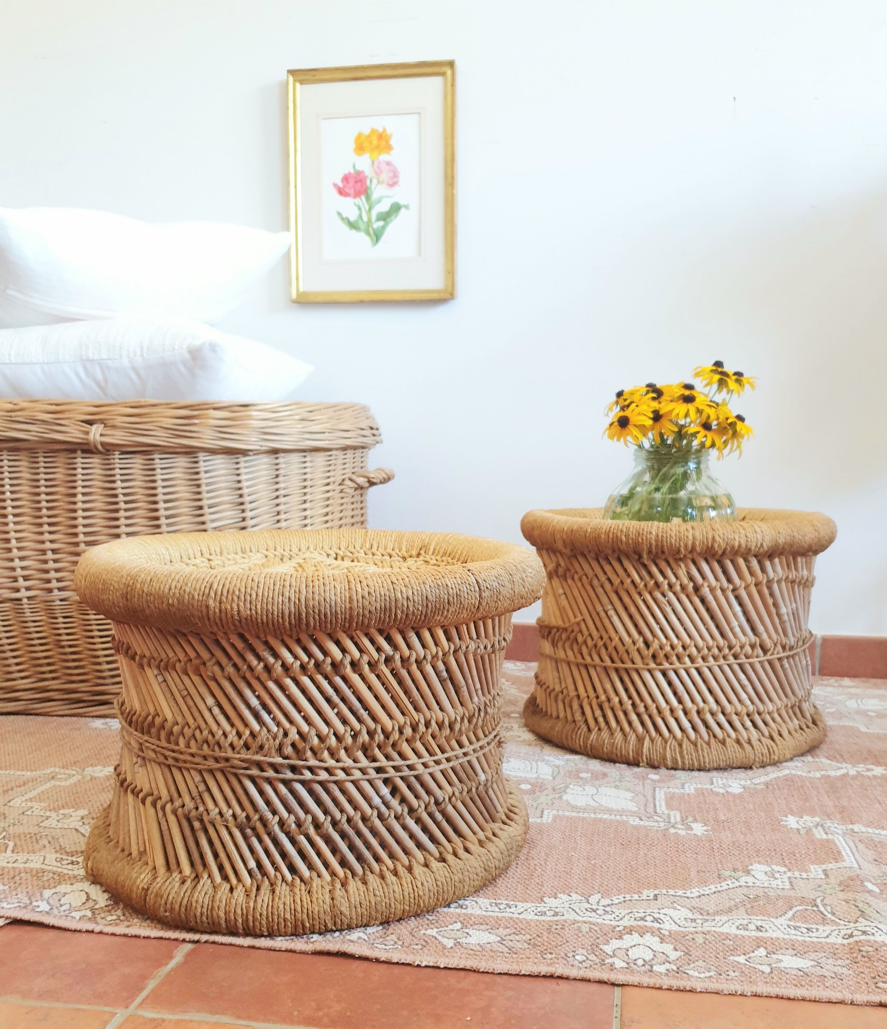 Two wicker and rattan bean ottomans