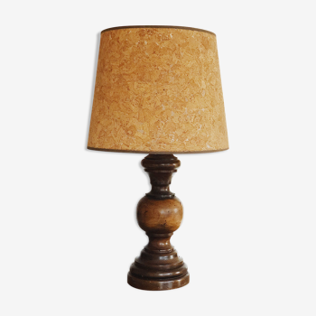 Vintage carved wooden lamp and cork lampshade