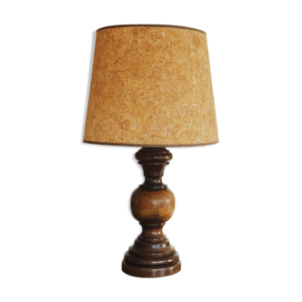 Vintage carved wooden lamp and cork lampshade