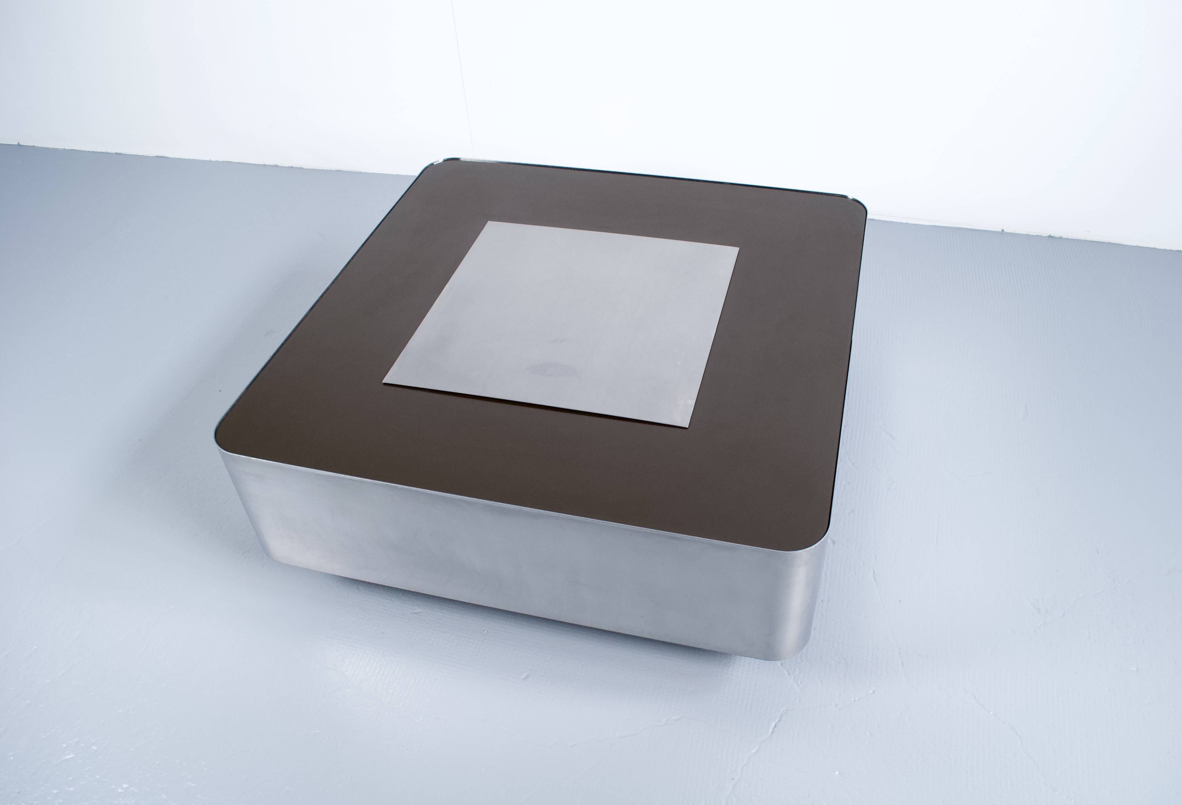 1970s COFFEE TABLE BAR BRUSHED STEEL AND BROWN MELAMINE