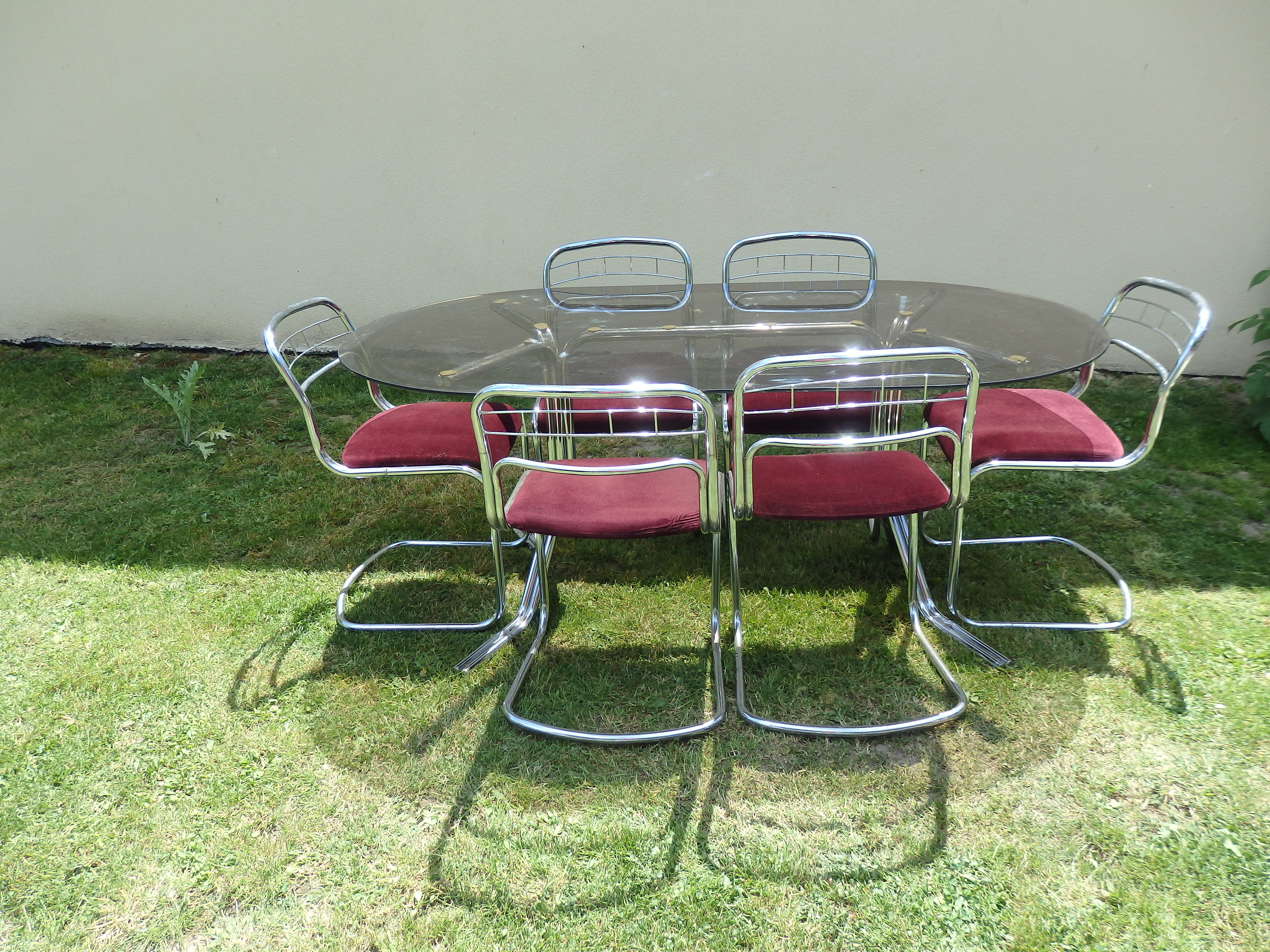 Glass table and 6 chairs chrome vintage year 70