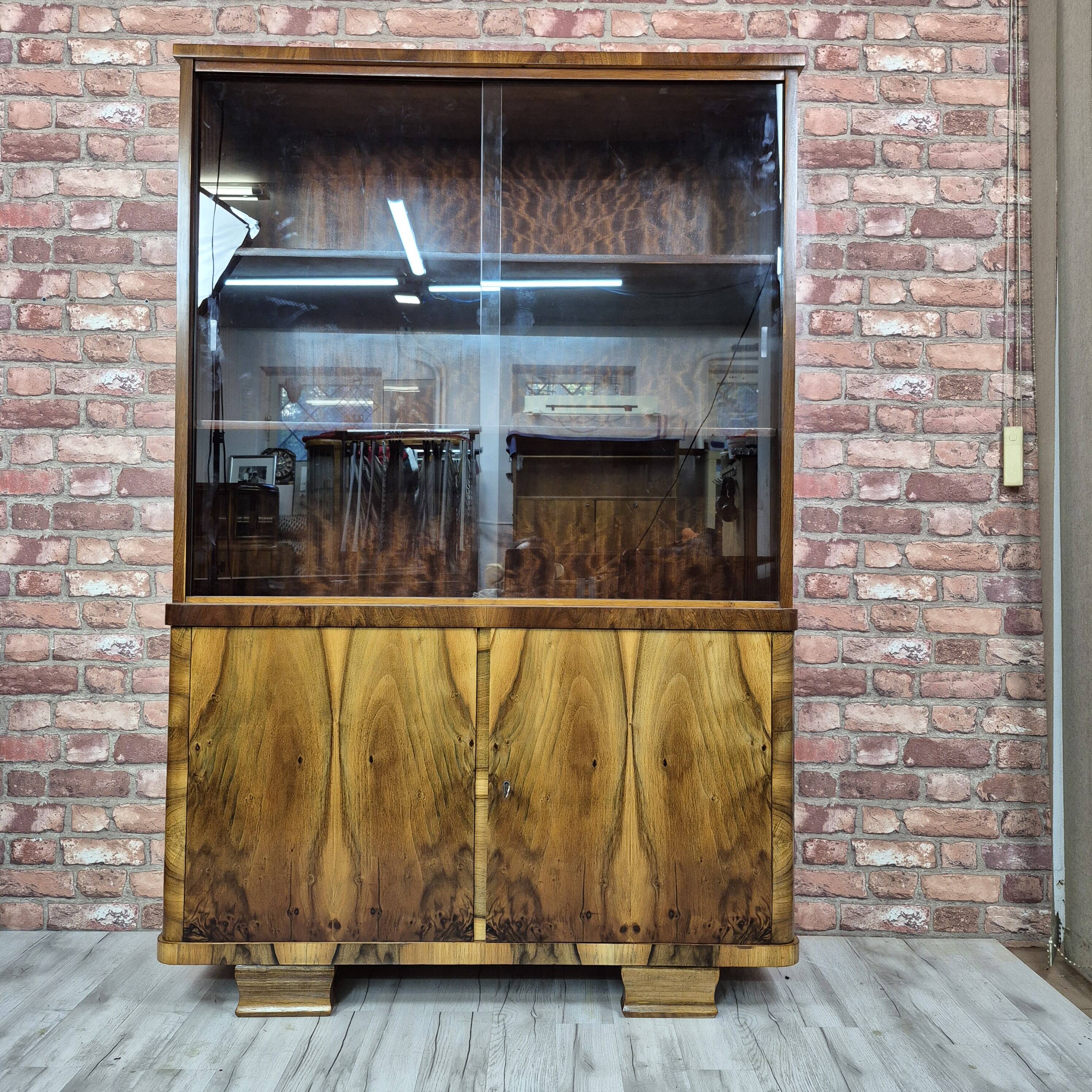 Restored 1950s Art Deco Style Bookcase Display Cabinet with Flame Veneer