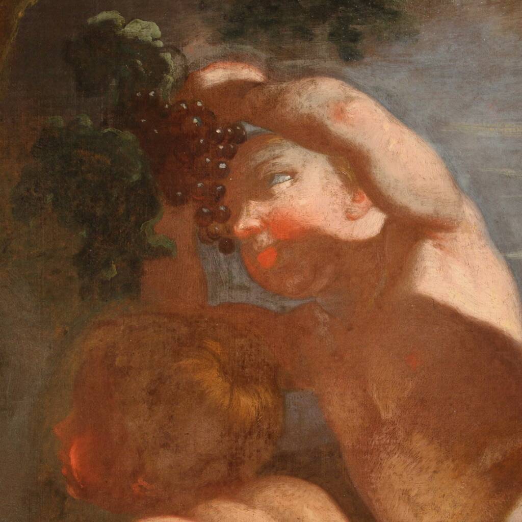 Antique Italian painting from the 17th century, bacchanal of cherubs