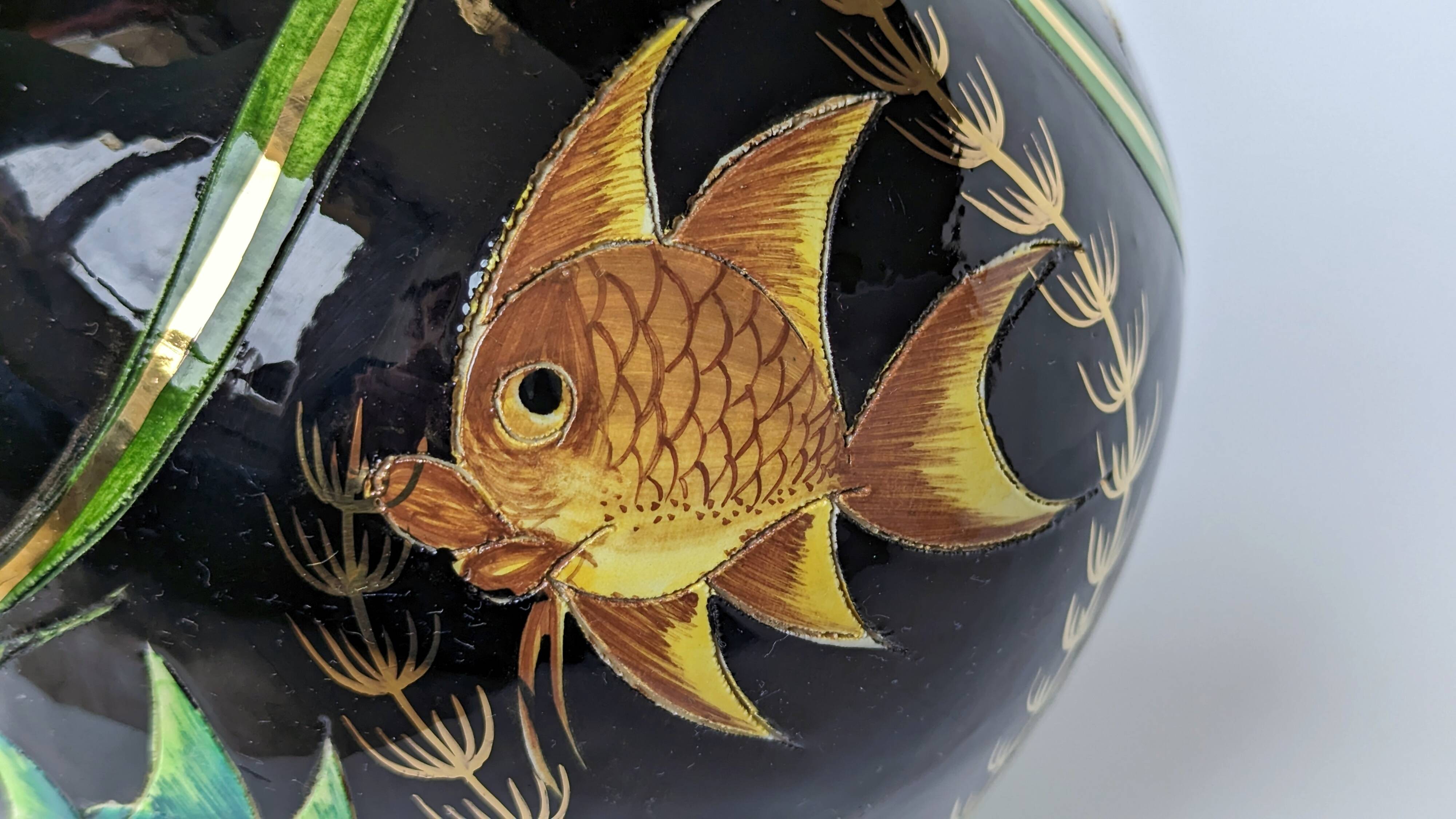 Large pitcher / Monaco vase in polychrome earthenware with bas relief decoration of fish on a seabed