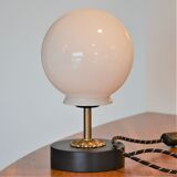 White vintage globe table lamp, black and gold finishes