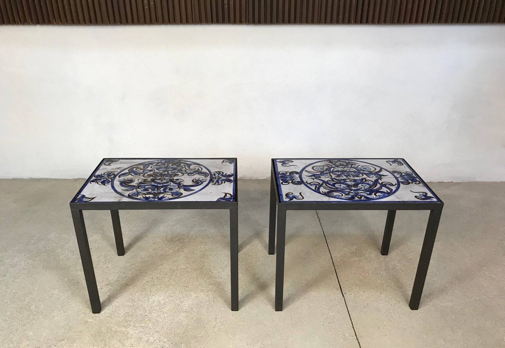 Italian ceramic tiles & steel side tables or nightstands, 1970s, set of 2