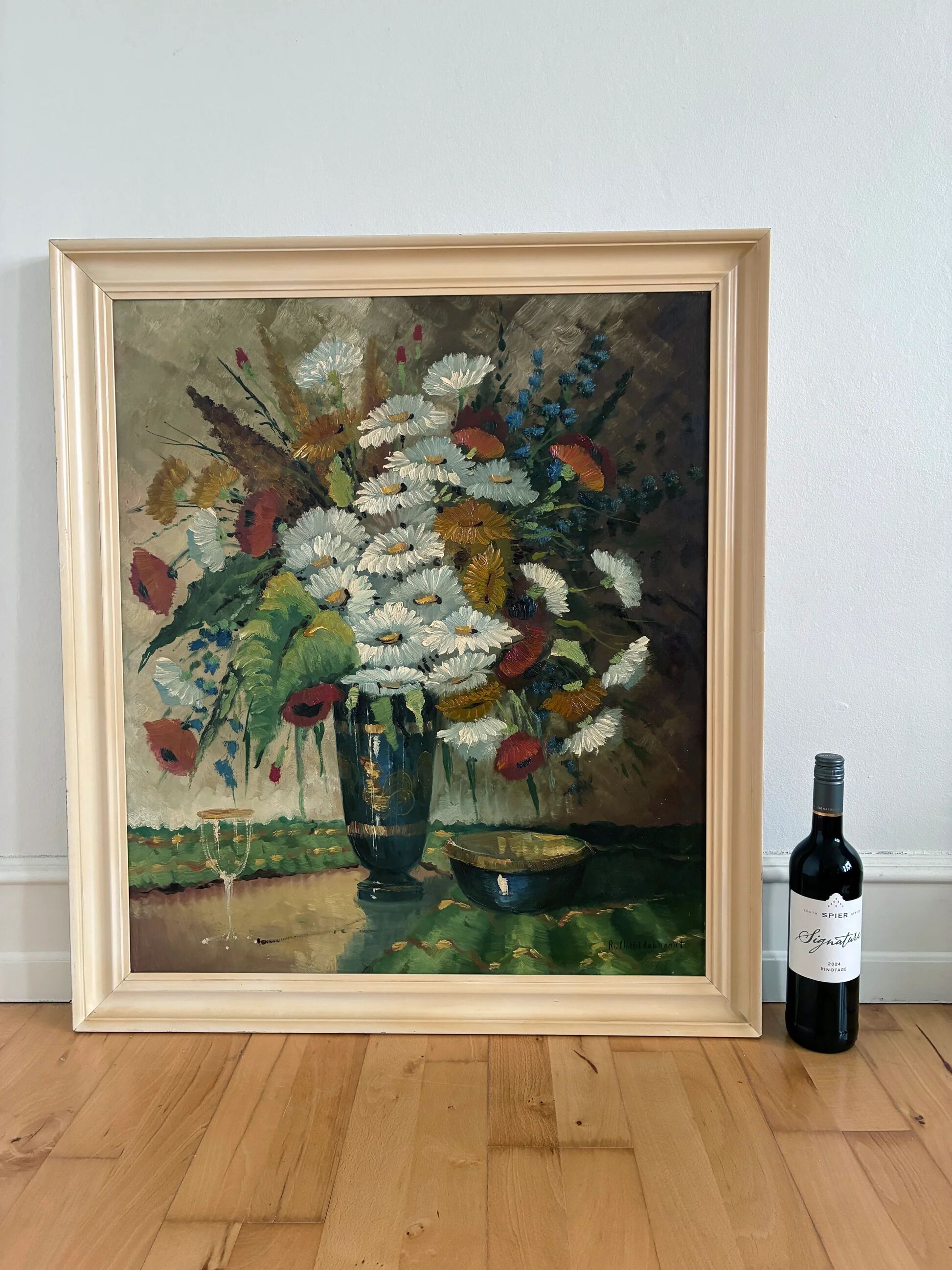 Vintage original floral oil painting with wildflowers in blue vase