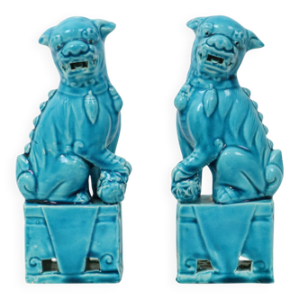 Pair of Blue Glazed Foo Dog Temple Lion Figurines 18cm