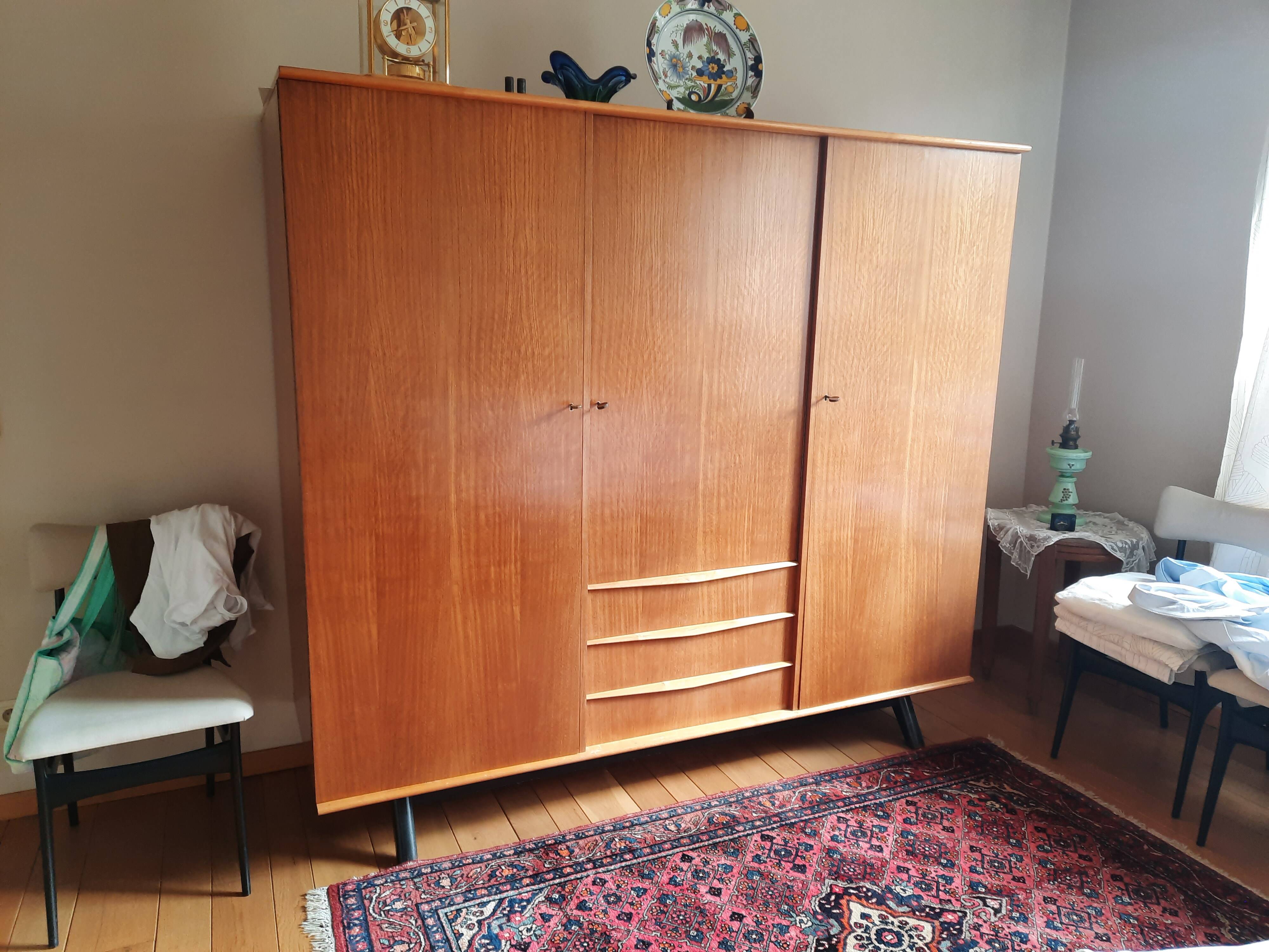 Vintage 50s polished wood wardrobe with mirror