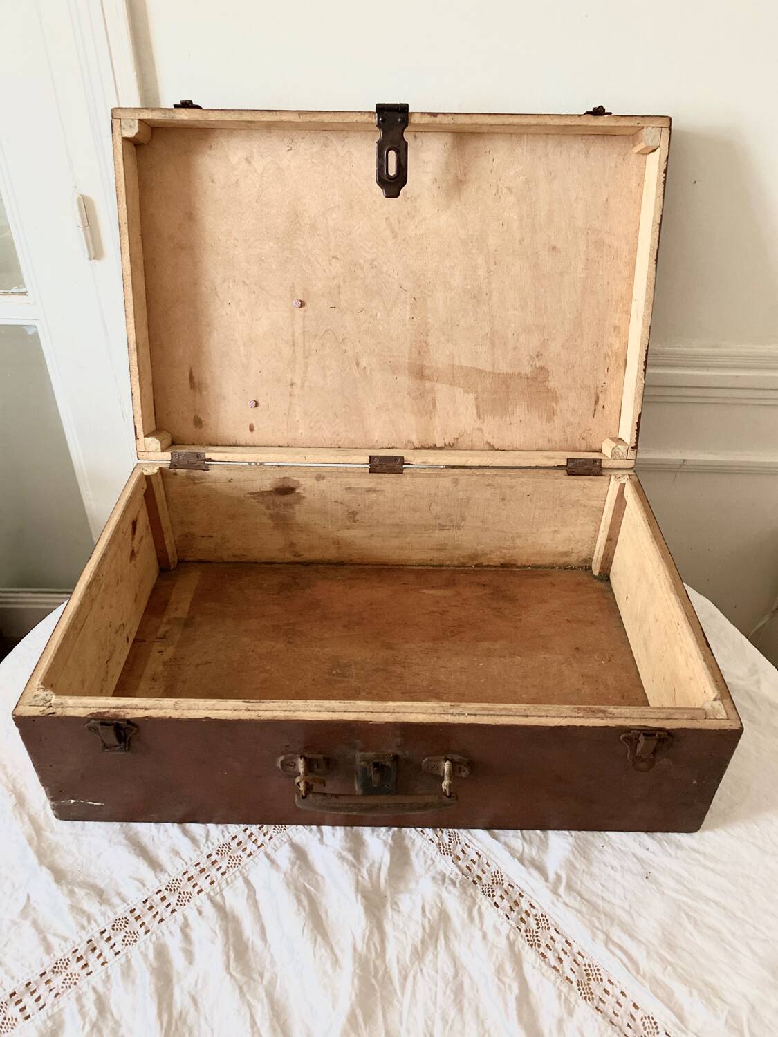 Large wooden trunk suitcase with Tunisia inscription