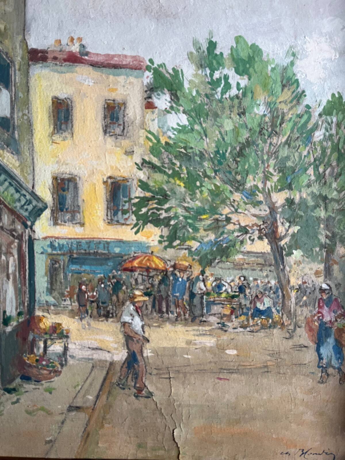 Sunny terrace table on market day signed (Ch. Blondel?)