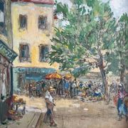 Sunny terrace table on market day signed (Ch. Blondel?)