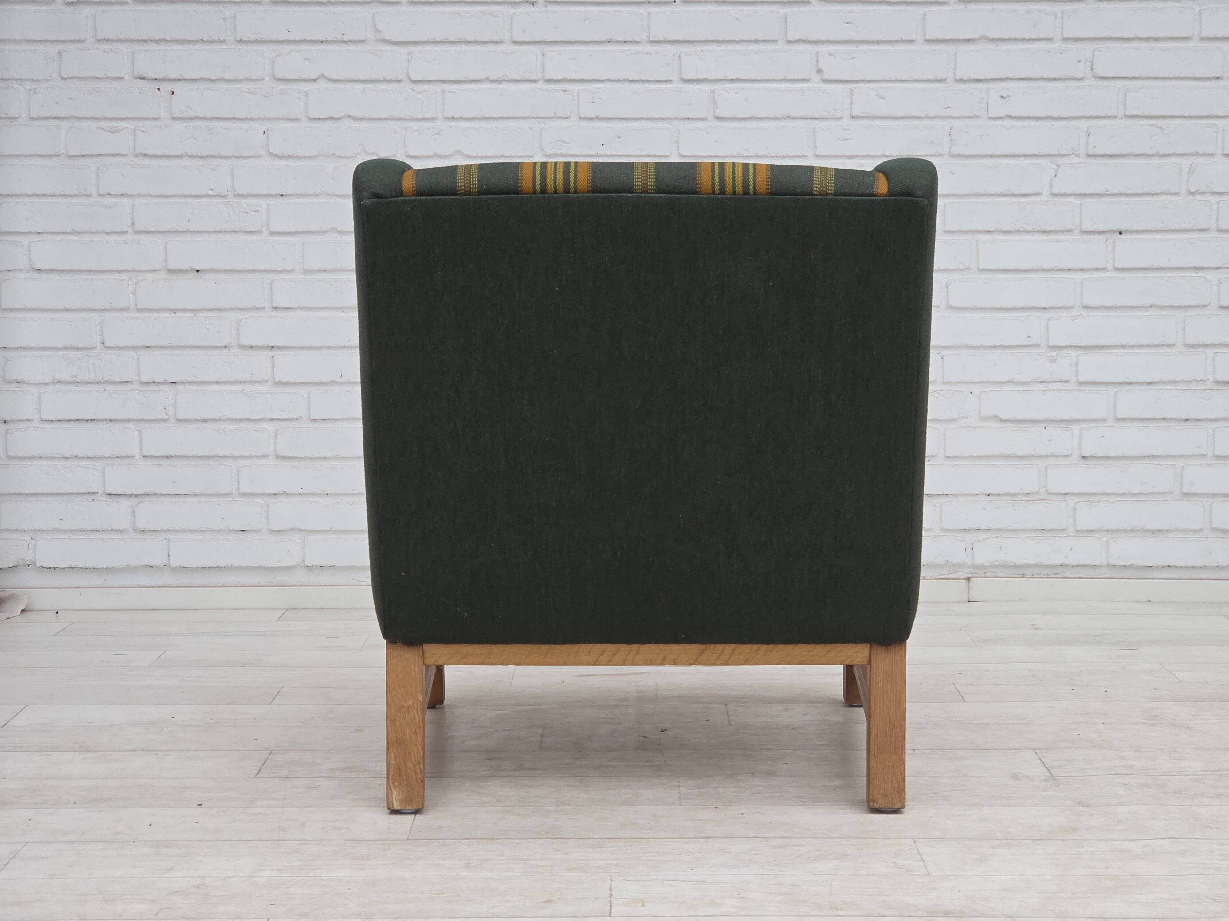 1970s, Danish armchair, green furniture wool, solid oak wood.