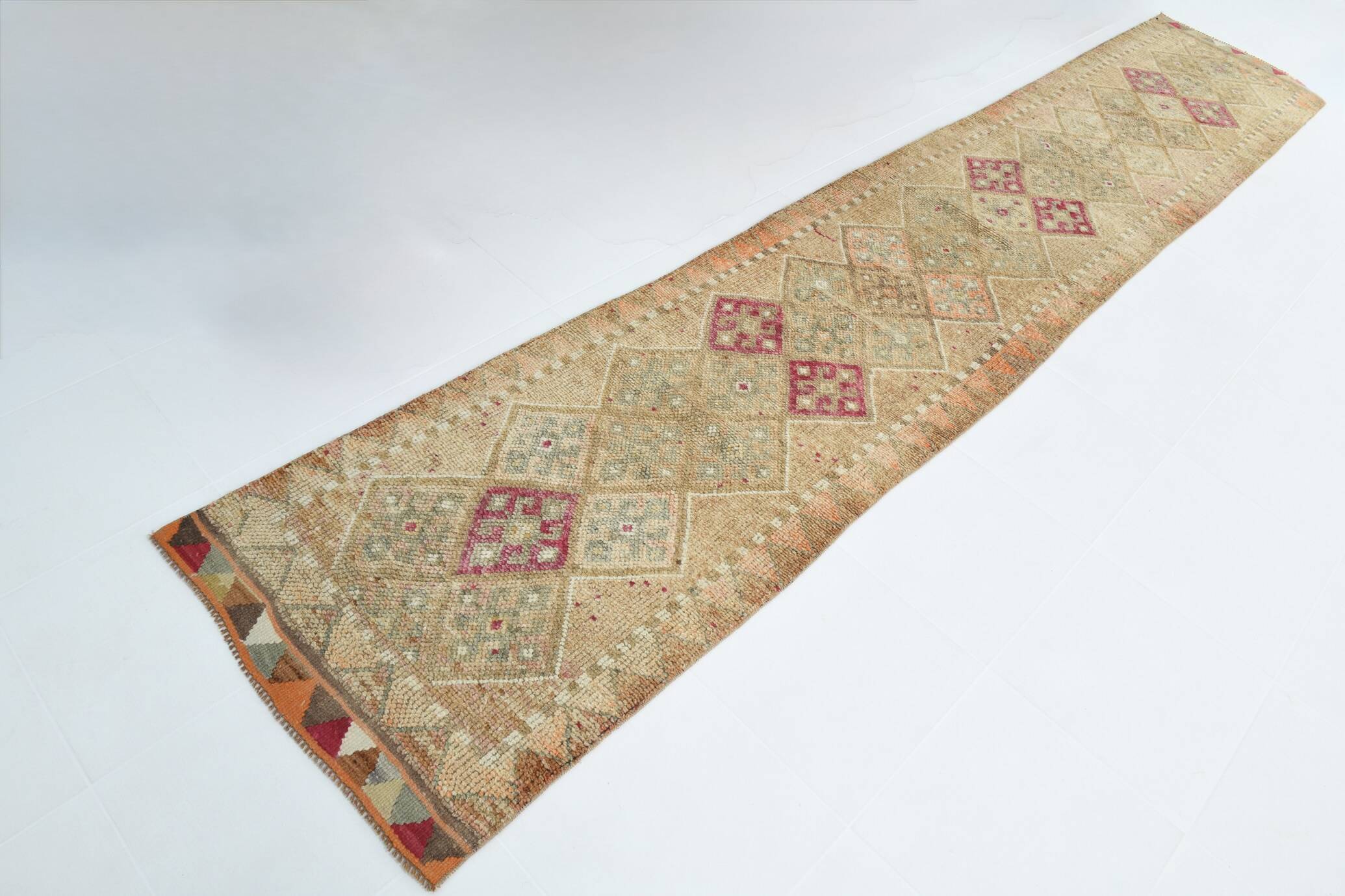 Sand Beige & Pink Turkish Vintage Runner Rug, 80x413Cm