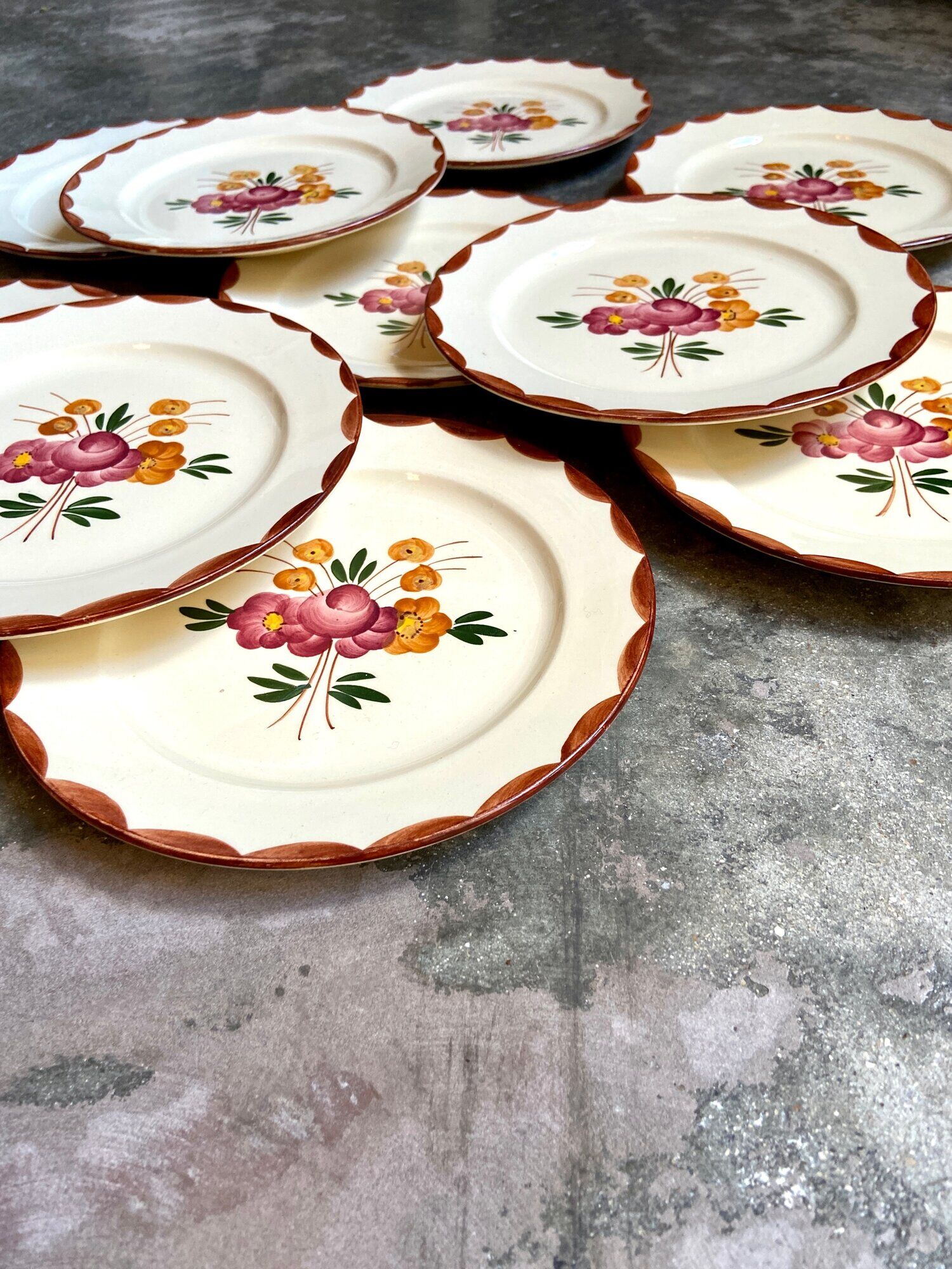 10 hand-painted Longchamp dessert plates, service "Agen" 1950s'
