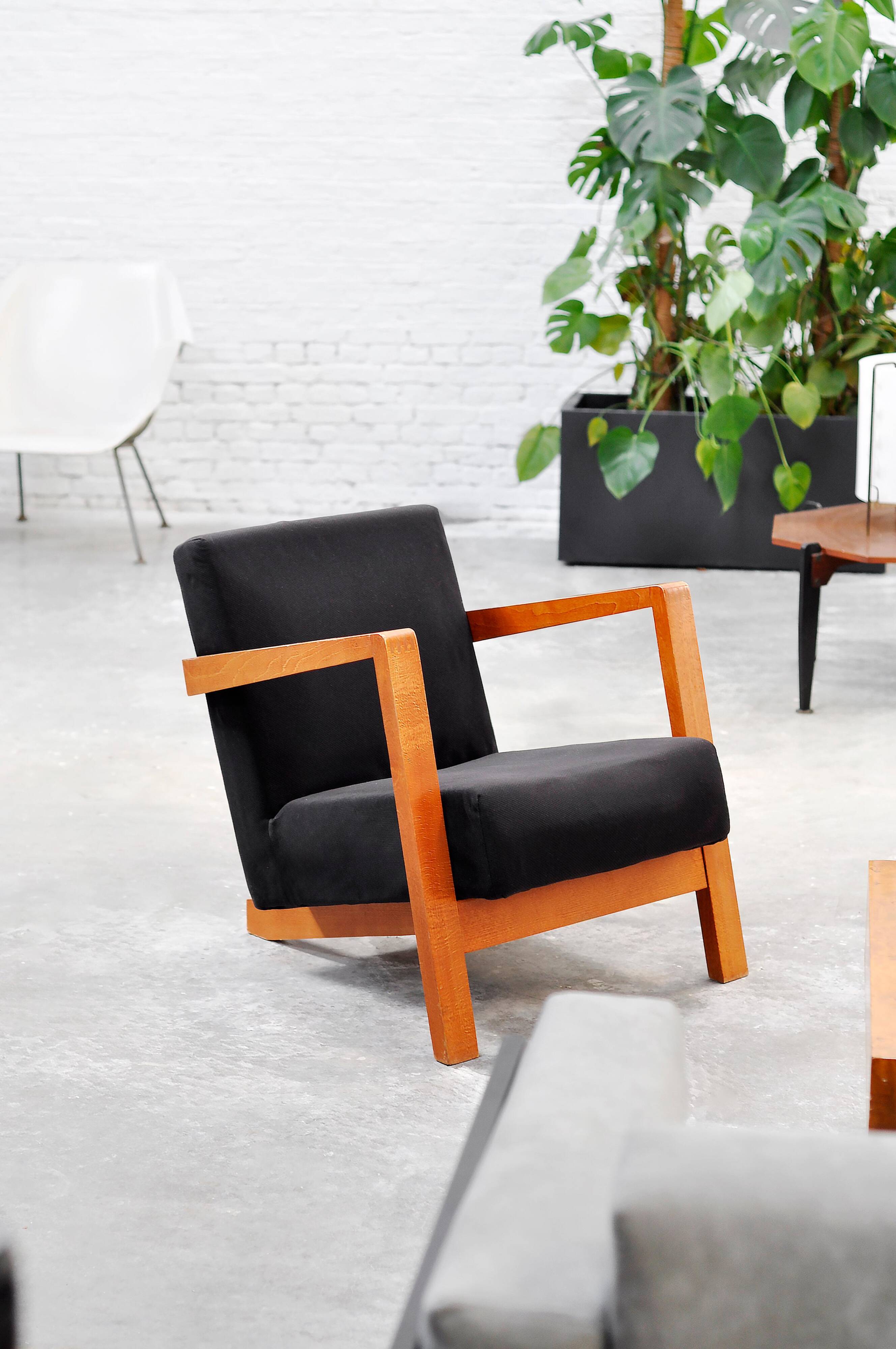Dutch Modernist Low Profile Armchair from the 1950s in Black Upholstery