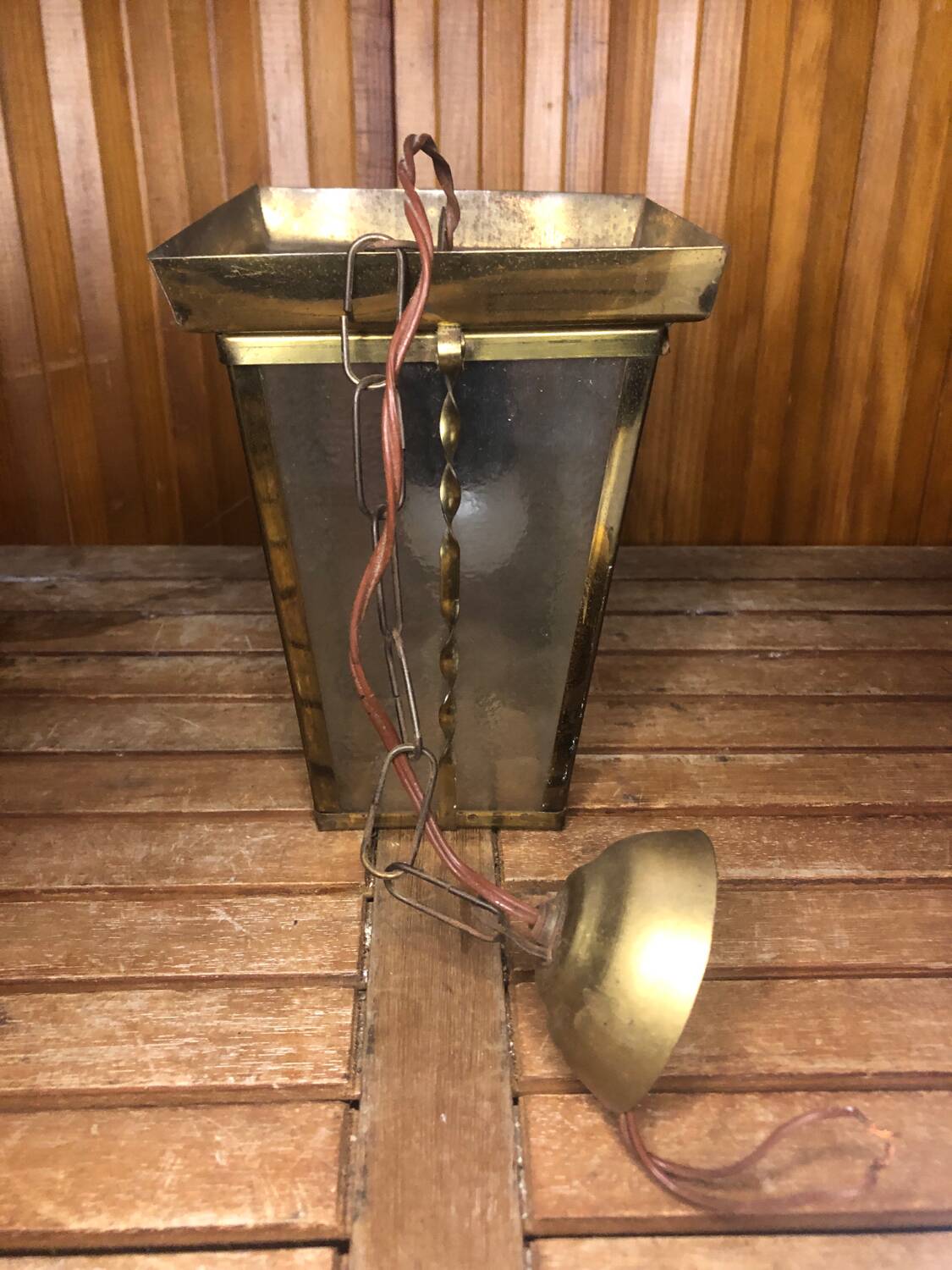 Old brass lantern pendant lamp + vintage glass plate #a592