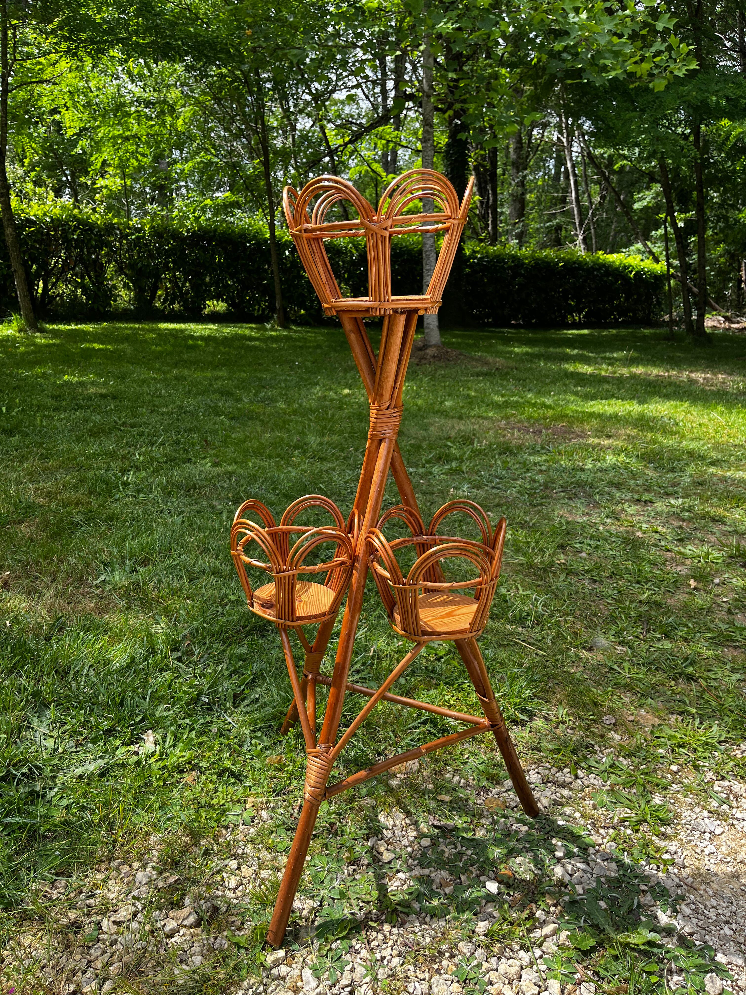 Support triptych for plants in rattan