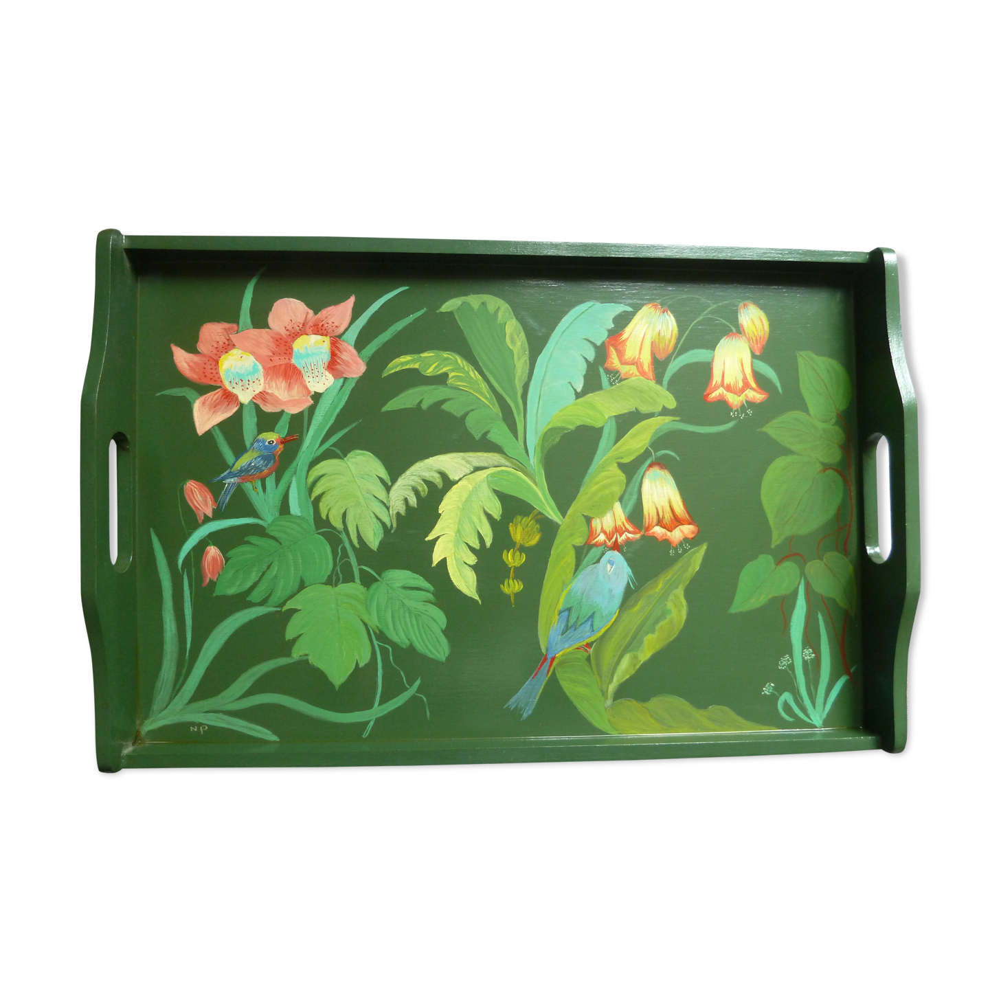 Hand-painted wooden tray exotic garden