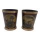 Pair of Painted Tin and Brass Planters, Decorated with Bucolic Landscapes,
