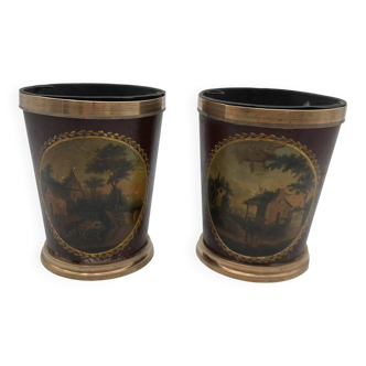 Pair of Painted Tin and Brass Planters, Decorated with Bucolic Landscapes,