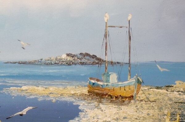 Huile sur toile d’un bateau sur l’estran signée Yann 55X45