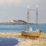 Huile sur toile d’un bateau sur l’estran signée Yann 55X45