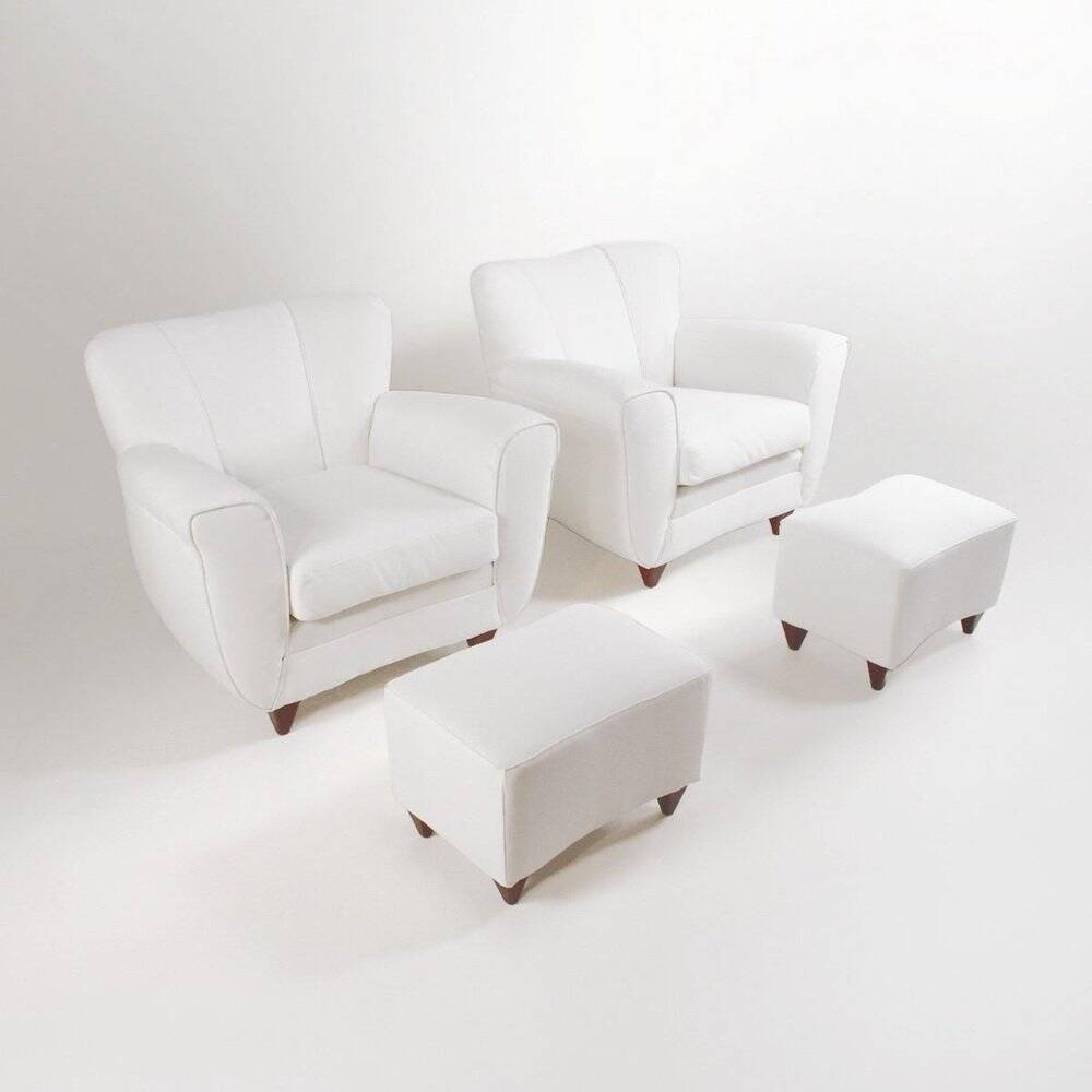 2 sets of Italian armchair with pouf in white fabric, Italy, 1940s