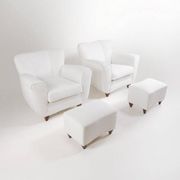 2 sets of Italian armchair with pouf in white fabric, Italy, 1940s