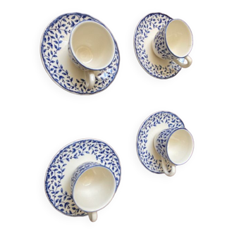 Lot de 4 tasses avec soucoupes blanches et bleues