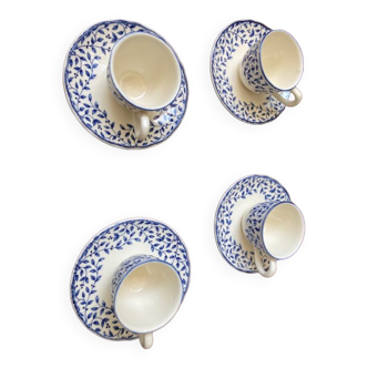 Set of 4 cups with white and blue saucers