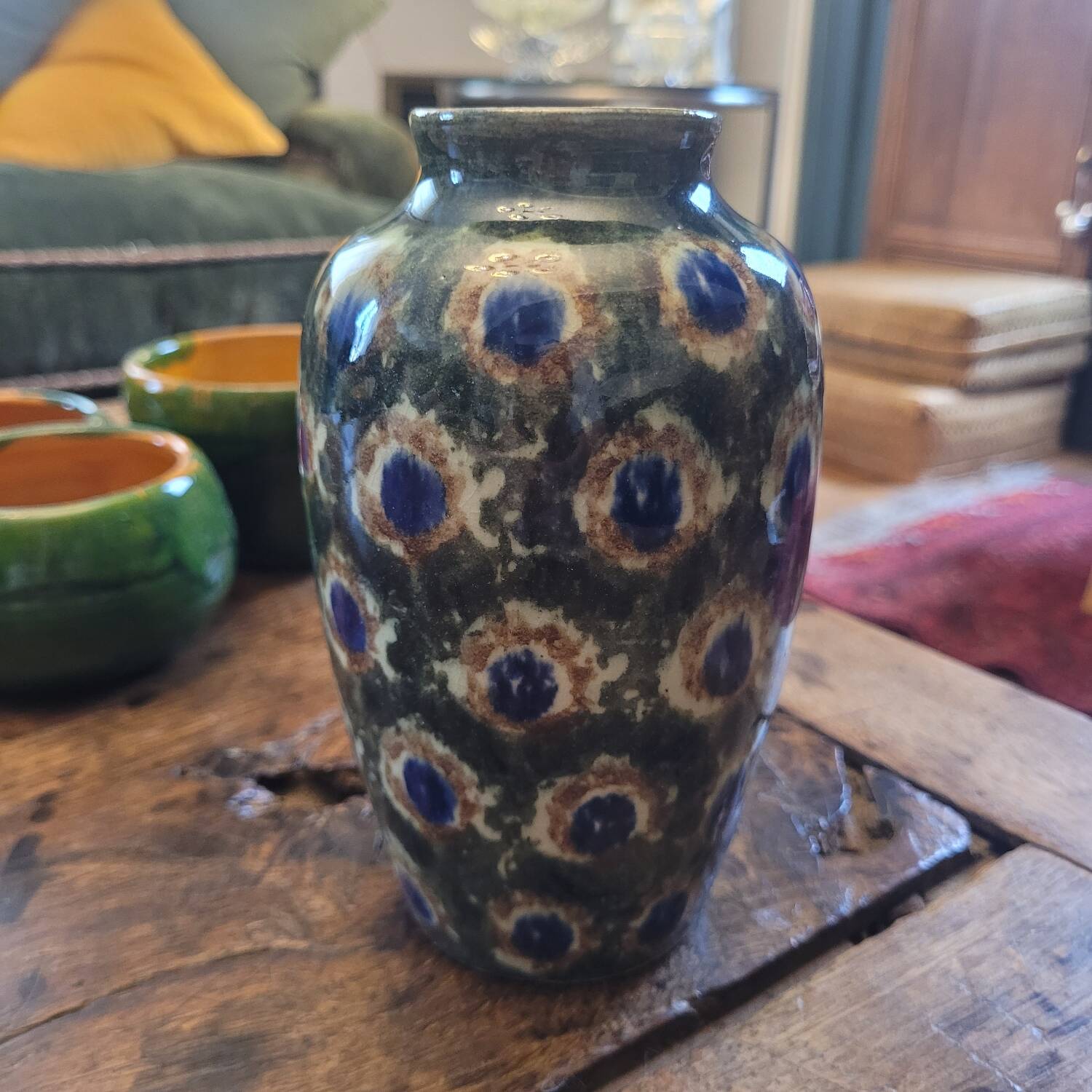 Glazed stoneware vase – “Peacock feathers” motif – 1930/1950 – 16 cm