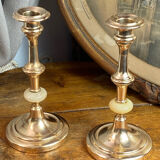 Pair of brass and stone candlesticks