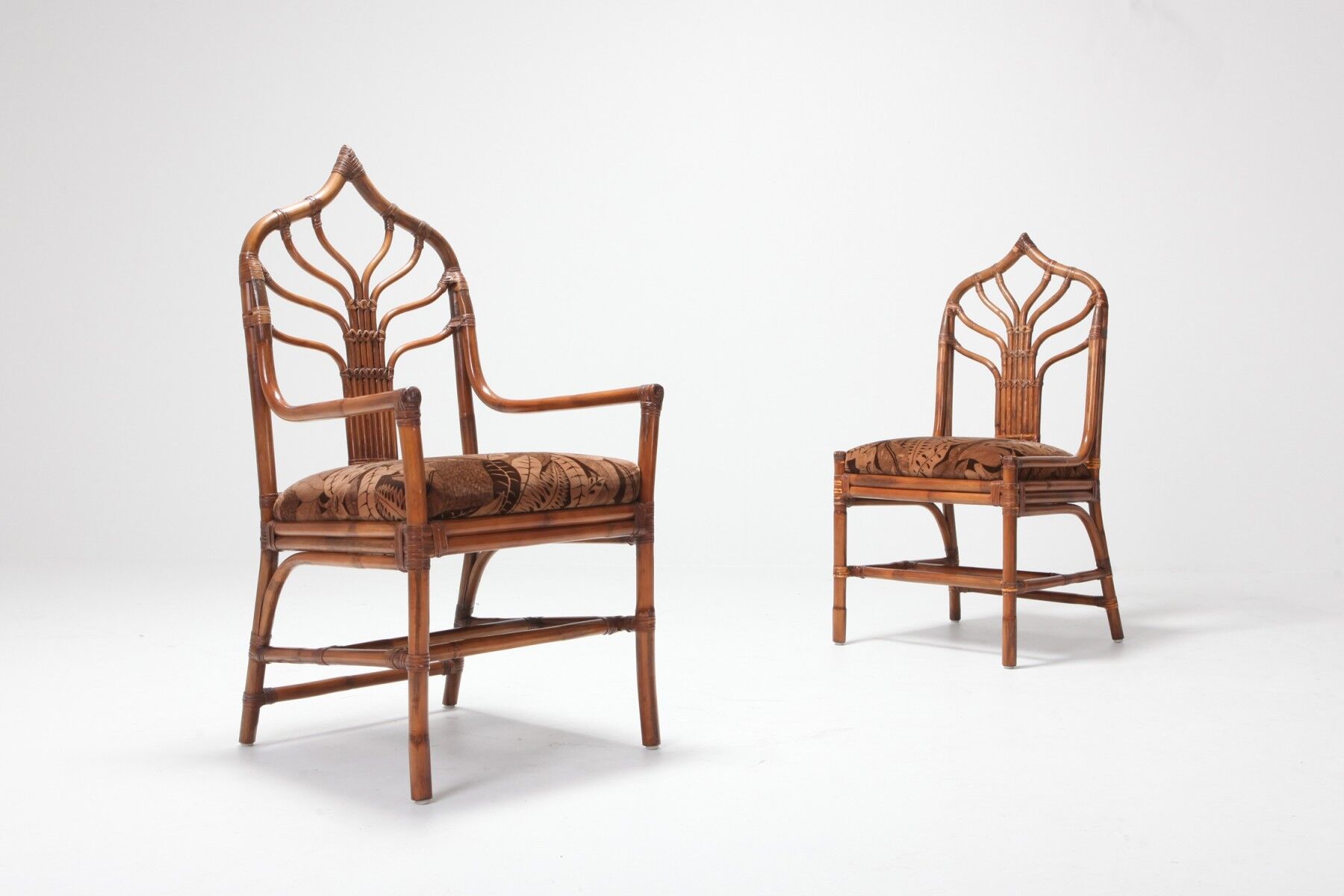 Set of bamboo lounge chairs with Italian 1960 floral cushions