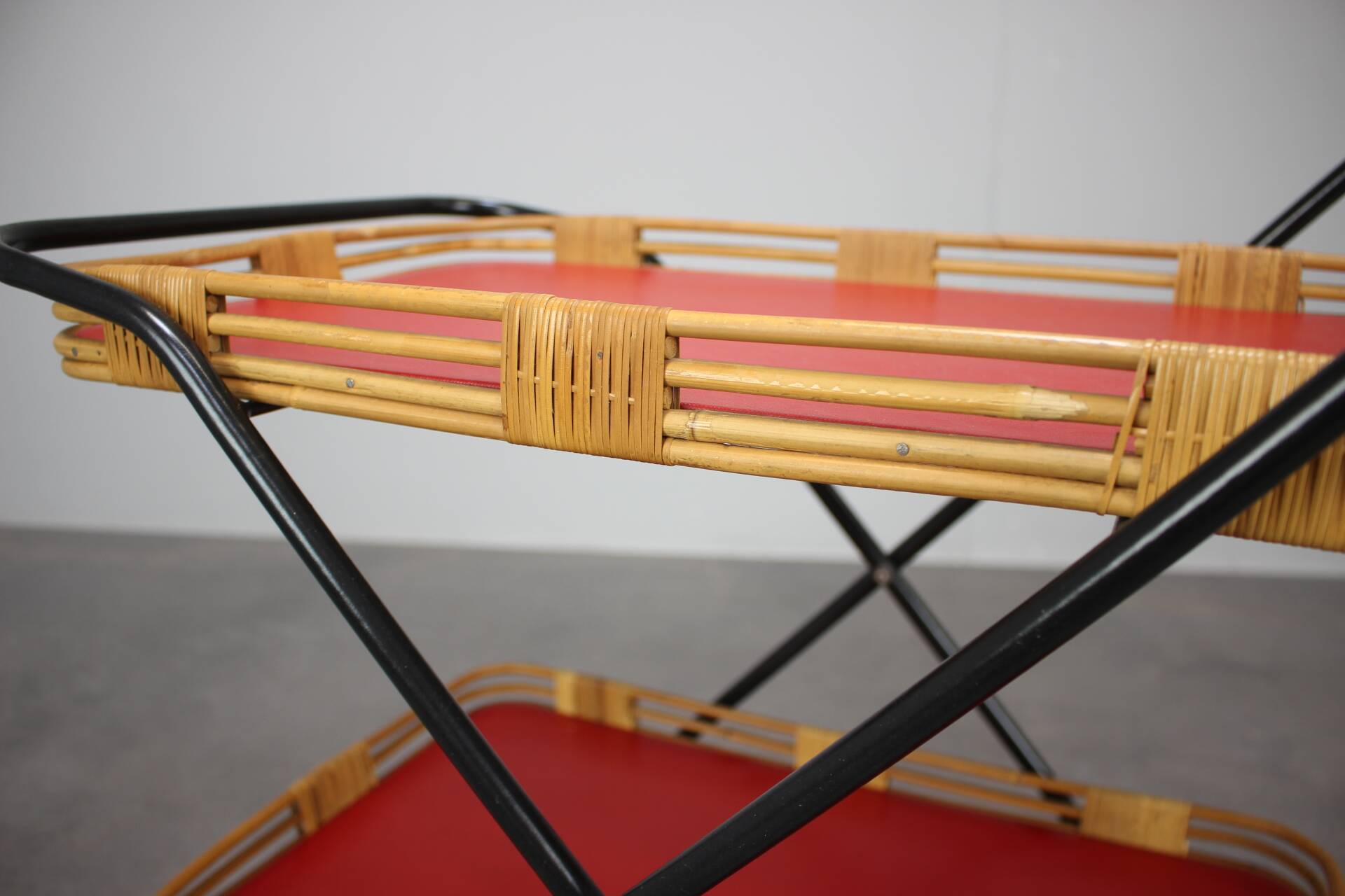 1960s Czechoslovak Mid-Century Folding Bamboo Serving Trolley Bar Cart