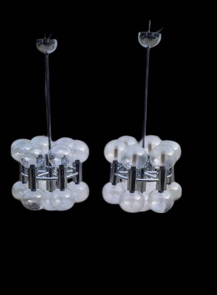 Pair of Chrome Sputnik Chandeliers by Motoko Ishii for Staff 1970